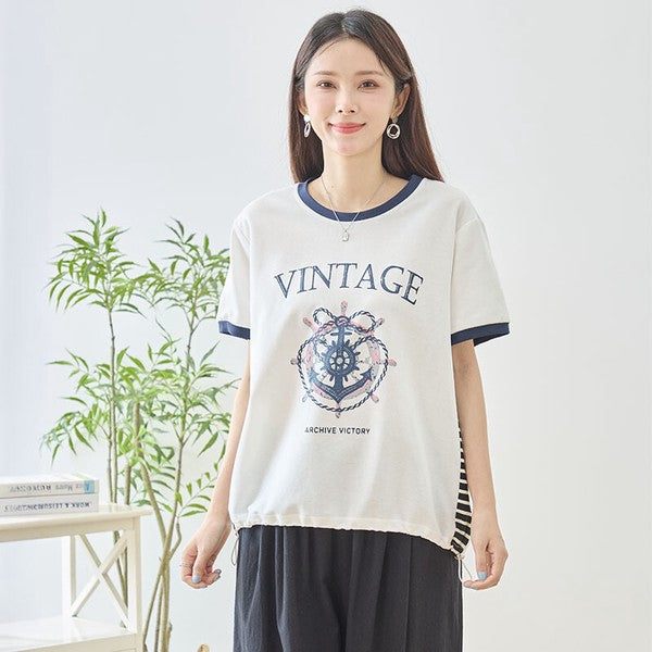 アンカー柄 プリント 配色 サイドボーダー Tシャツ 裾ドロスト 体型カバー ゆったり M-L