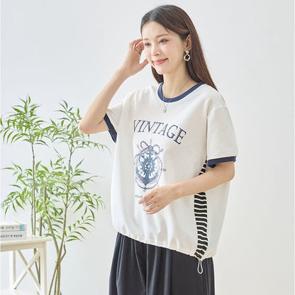 アンカー柄 プリント 配色 サイドボーダー Tシャツ 裾ドロスト 体型カバー ゆったり M-L
