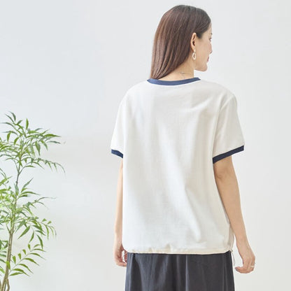 アンカー柄 プリント 配色 サイドボーダー Tシャツ 裾ドロスト 体型カバー ゆったり M-L