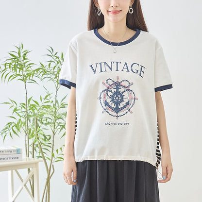 アンカー柄 プリント 配色 サイドボーダー Tシャツ 裾ドロスト 体型カバー ゆったり M-L