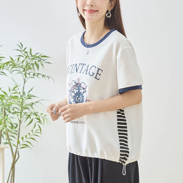アンカー柄 プリント 配色 サイドボーダー Tシャツ 裾ドロスト 体型カバー ゆったり M-L