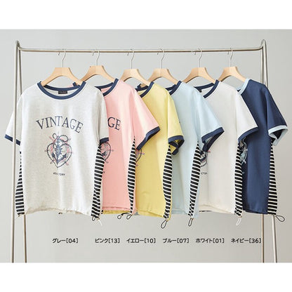 アンカー柄 プリント 配色 サイドボーダー Tシャツ 裾ドロスト 体型カバー ゆったり M-L