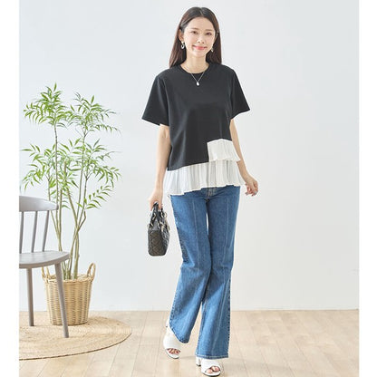 異素材切り替え 裾ティアード プリーツ フリル Tシャツ 半袖 体型カバー M-L