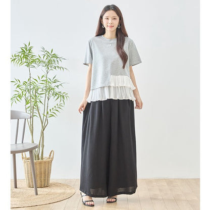 異素材切り替え 裾ティアード プリーツ フリル Tシャツ 半袖 体型カバー M-L