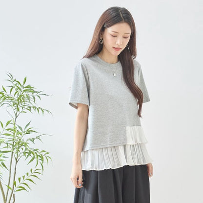 異素材切り替え 裾ティアード プリーツ フリル Tシャツ 半袖 体型カバー M-L