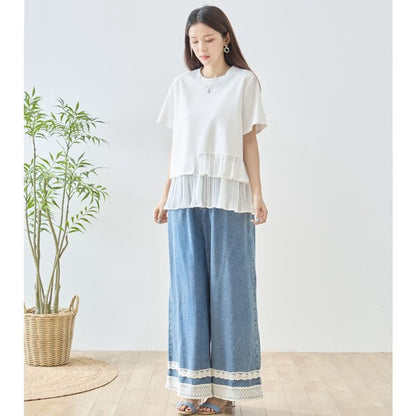 異素材切り替え 裾ティアード プリーツ フリル Tシャツ 半袖 体型カバー M-L