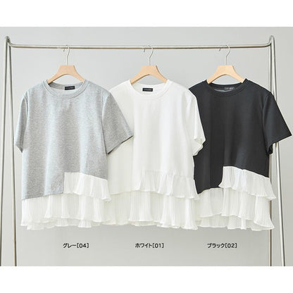 異素材切り替え 裾ティアード プリーツ フリル Tシャツ 半袖 体型カバー M-L