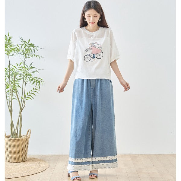 自転車ガール イラスト シアー切り替え パフスリーブ Tシャツ 半袖 ゆったり M-L