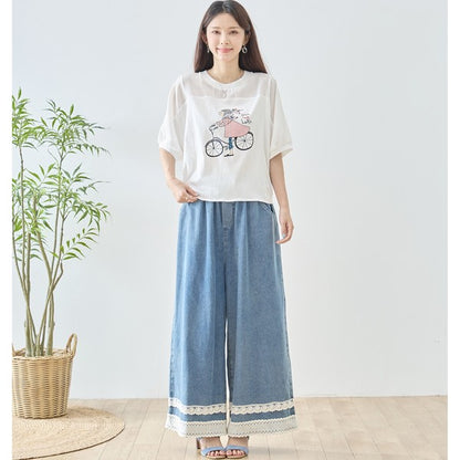 自転車ガール イラスト シアー切り替え パフスリーブ Tシャツ 半袖 ゆったり M-L