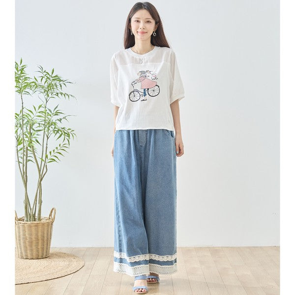 自転車ガール イラスト シアー切り替え パフスリーブ Tシャツ 半袖 ゆったり M-L