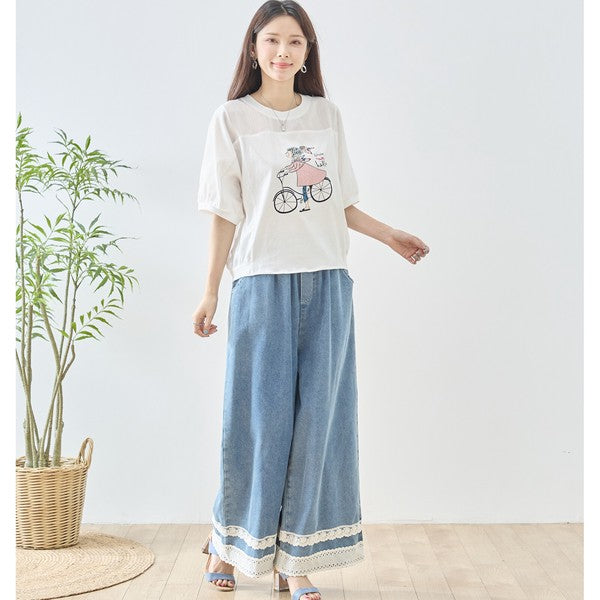 自転車ガール イラスト シアー切り替え パフスリーブ Tシャツ 半袖 ゆったり M-L