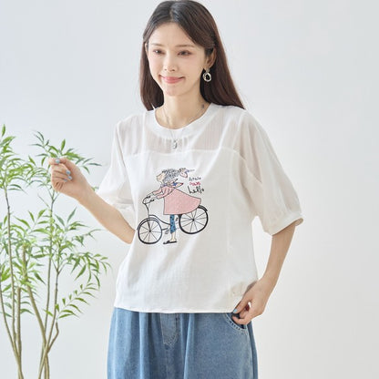 自転車ガール イラスト シアー切り替え パフスリーブ Tシャツ 半袖 ゆったり M-L
