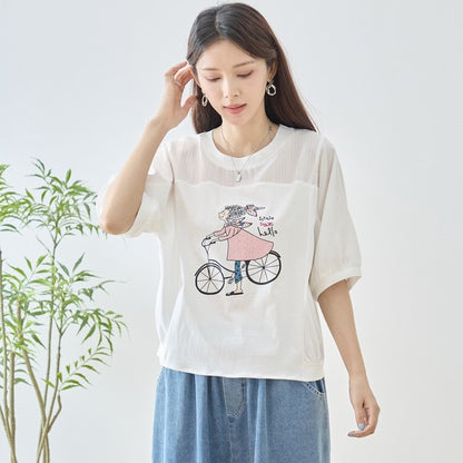 自転車ガール イラスト シアー切り替え パフスリーブ Tシャツ 半袖 ゆったり M-L