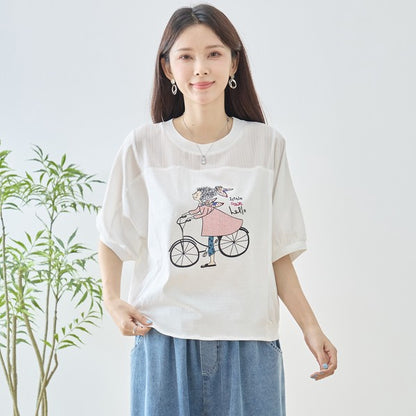 自転車ガール イラスト シアー切り替え パフスリーブ Tシャツ 半袖 ゆったり M-L