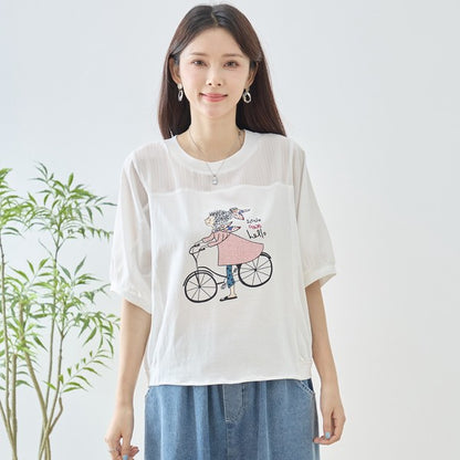 自転車ガール イラスト シアー切り替え パフスリーブ Tシャツ 半袖 ゆったり M-L