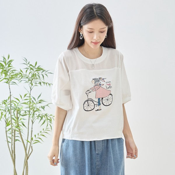 自転車ガール イラスト シアー切り替え パフスリーブ Tシャツ 半袖 ゆったり M-L