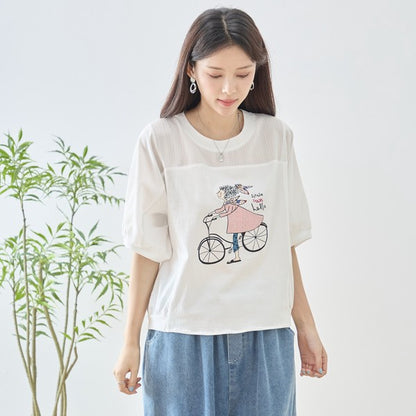 自転車ガール イラスト シアー切り替え パフスリーブ Tシャツ 半袖 ゆったり M-L