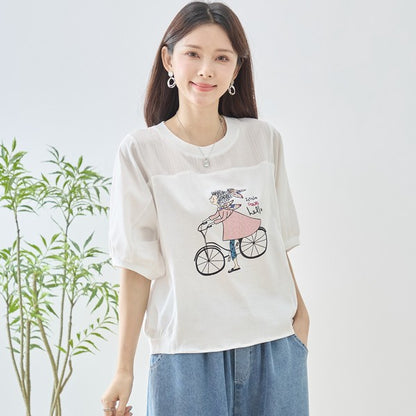 自転車ガール イラスト シアー切り替え パフスリーブ Tシャツ 半袖 ゆったり M-L