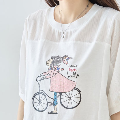 自転車ガール イラスト シアー切り替え パフスリーブ Tシャツ 半袖 ゆったり M-L