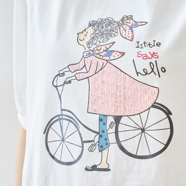 自転車ガール イラスト シアー切り替え パフスリーブ Tシャツ 半袖 ゆったり M-L
