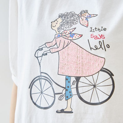 自転車ガール イラスト シアー切り替え パフスリーブ Tシャツ 半袖 ゆったり M-L