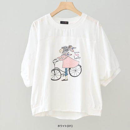 自転車ガール イラスト シアー切り替え パフスリーブ Tシャツ 半袖 ゆったり M-L