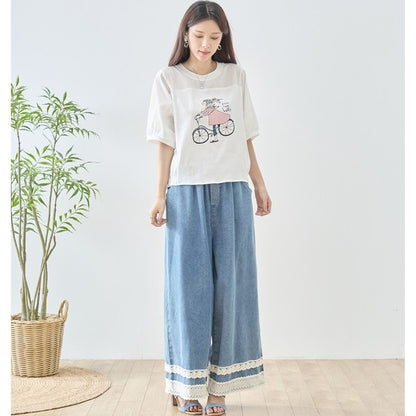 自転車ガール イラスト シアー切り替え パフスリーブ Tシャツ 半袖 ゆったり M-L