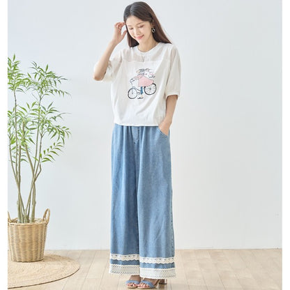 自転車ガール イラスト シアー切り替え パフスリーブ Tシャツ 半袖 ゆったり M-L