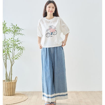 自転車ガール イラスト シアー切り替え パフスリーブ Tシャツ 半袖 ゆったり M-L