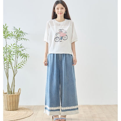 自転車ガール イラスト シアー切り替え パフスリーブ Tシャツ 半袖 ゆったり M-L