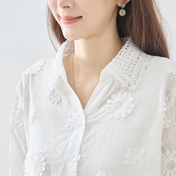 デイジー刺繍 スカラップレース襟 7分袖 シャツ ブラウス 綿100% ゆったり M-L