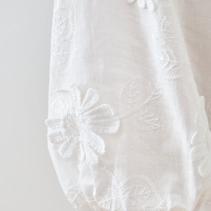 デイジー刺繍 スカラップレース襟 7分袖 シャツ ブラウス 綿100% ゆったり M-L
