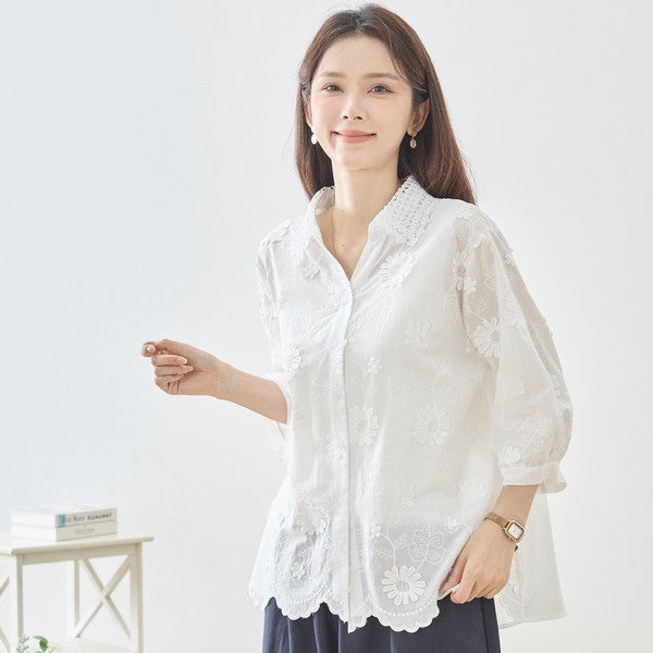 デイジー刺繍 スカラップレース襟 7分袖 シャツ ブラウス 綿100% ゆったり M-L