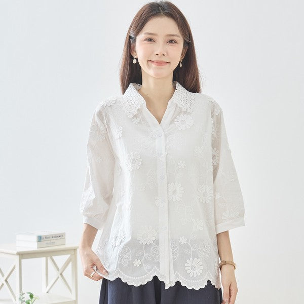デイジー刺繍 スカラップレース襟 7分袖 シャツ ブラウス 綿100% ゆったり M-L