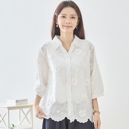 デイジー刺繍 スカラップレース襟 7分袖 シャツ ブラウス 綿100% ゆったり M-L