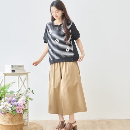 アルファベット刺繍 ボーダー切替 Tシャツ 半袖 ゆったり 体型カバー M-L
