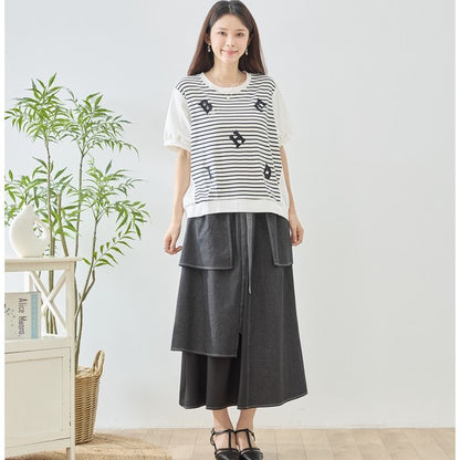 アルファベット刺繍 ボーダー切替 Tシャツ 半袖 ゆったり 体型カバー M-L