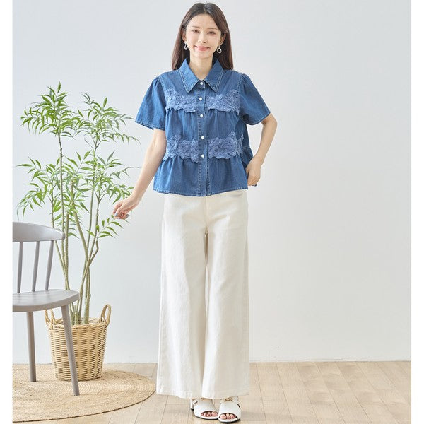 デニム フラワーレース ティアード切替 半袖 シャツ ゆったり 体型カバー 春夏 M-L