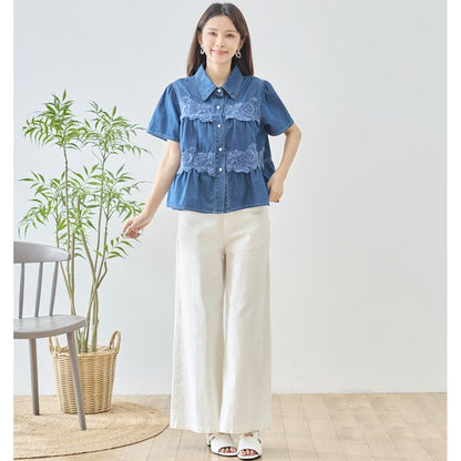 デニム フラワーレース ティアード切替 半袖 シャツ ゆったり 体型カバー 春夏 M-L