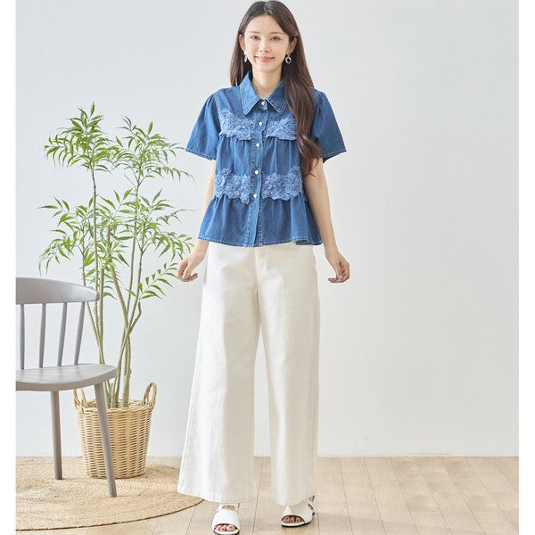 デニム フラワーレース ティアード切替 半袖 シャツ ゆったり 体型カバー 春夏 M-L