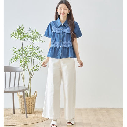 デニム フラワーレース ティアード切替 半袖 シャツ ゆったり 体型カバー 春夏 M-L