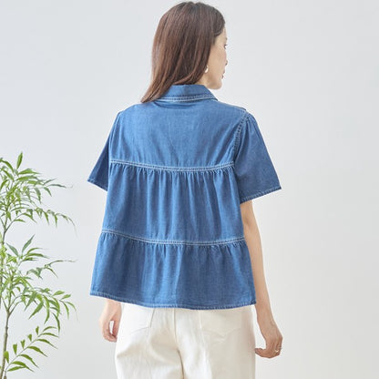 デニム フラワーレース ティアード切替 半袖 シャツ ゆったり 体型カバー 春夏 M-L
