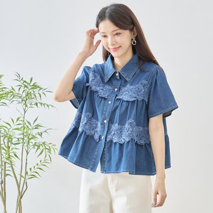 デニム フラワーレース ティアード切替 半袖 シャツ ゆったり 体型カバー 春夏 M-L