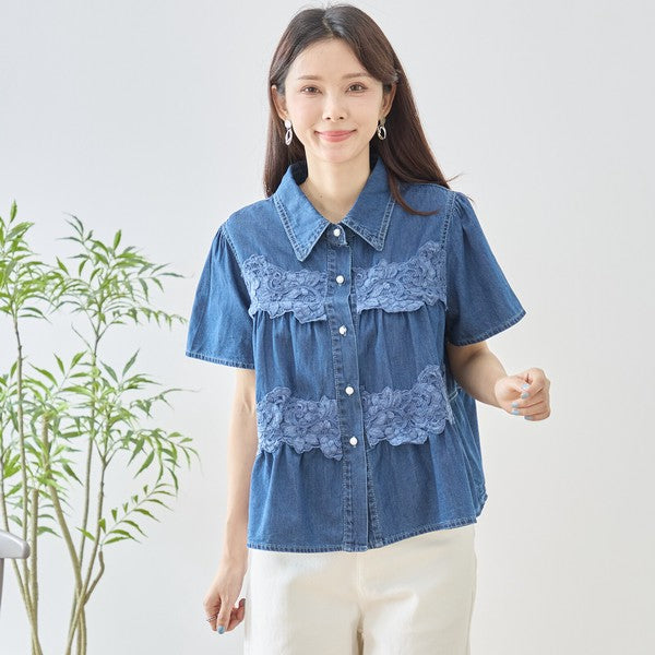 デニム フラワーレース ティアード切替 半袖 シャツ ゆったり 体型カバー 春夏 M-L