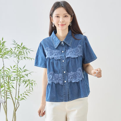 デニム フラワーレース ティアード切替 半袖 シャツ ゆったり 体型カバー 春夏 M-L