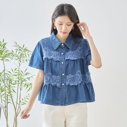 デニム フラワーレース ティアード切替 半袖 シャツ ゆったり 体型カバー 春夏 M-L