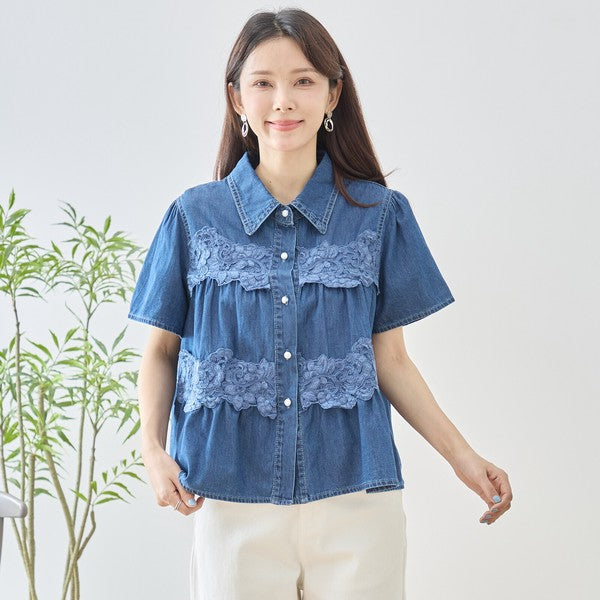 デニム フラワーレース ティアード切替 半袖 シャツ ゆったり 体型カバー 春夏 M-L