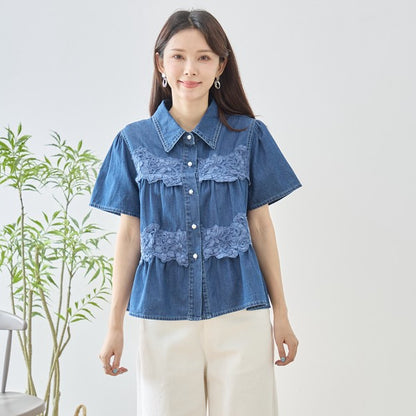 デニム フラワーレース ティアード切替 半袖 シャツ ゆったり 体型カバー 春夏 M-L