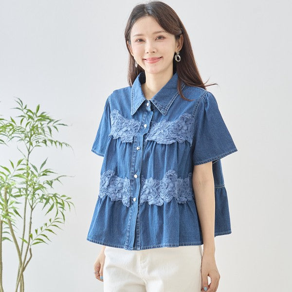 デニム フラワーレース ティアード切替 半袖 シャツ ゆったり 体型カバー 春夏 M-L