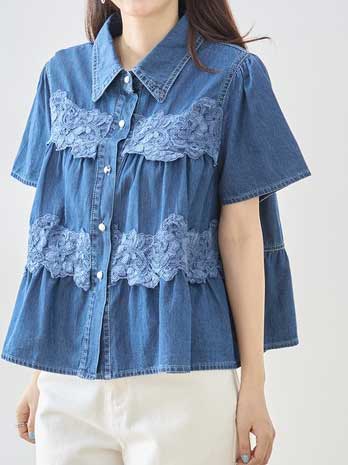 デニム フラワーレース ティアード切替 半袖 シャツ ゆったり 体型カバー 春夏 M-L